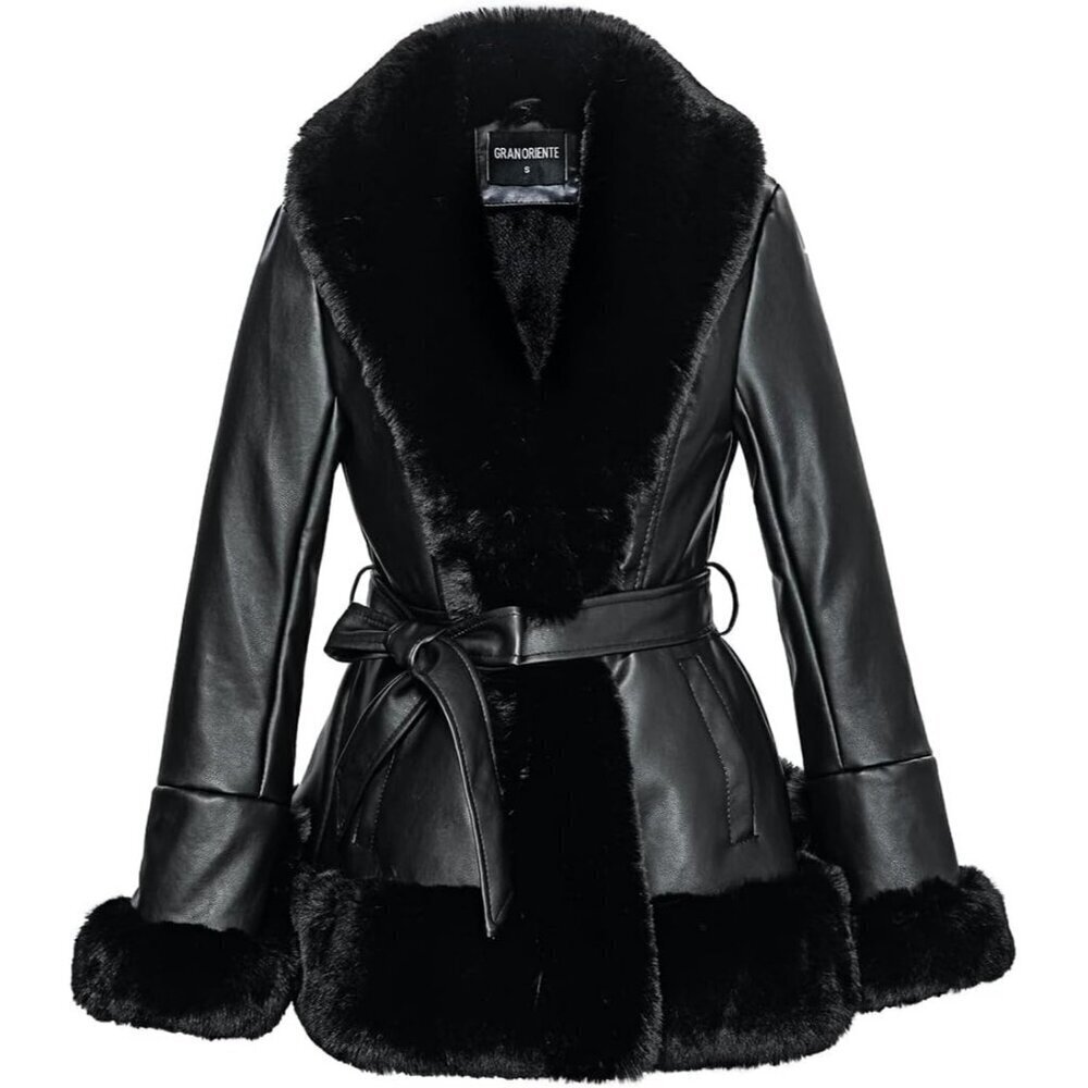 🆕Women Black Gran Oriente Faux Leather Winter Coat Fur Collar and Belted Design